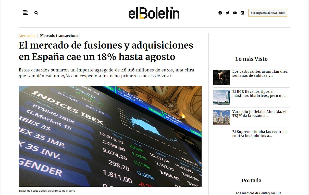 El mercado de fusiones y adquisiciones en Espaa cae un 18% hasta agosto